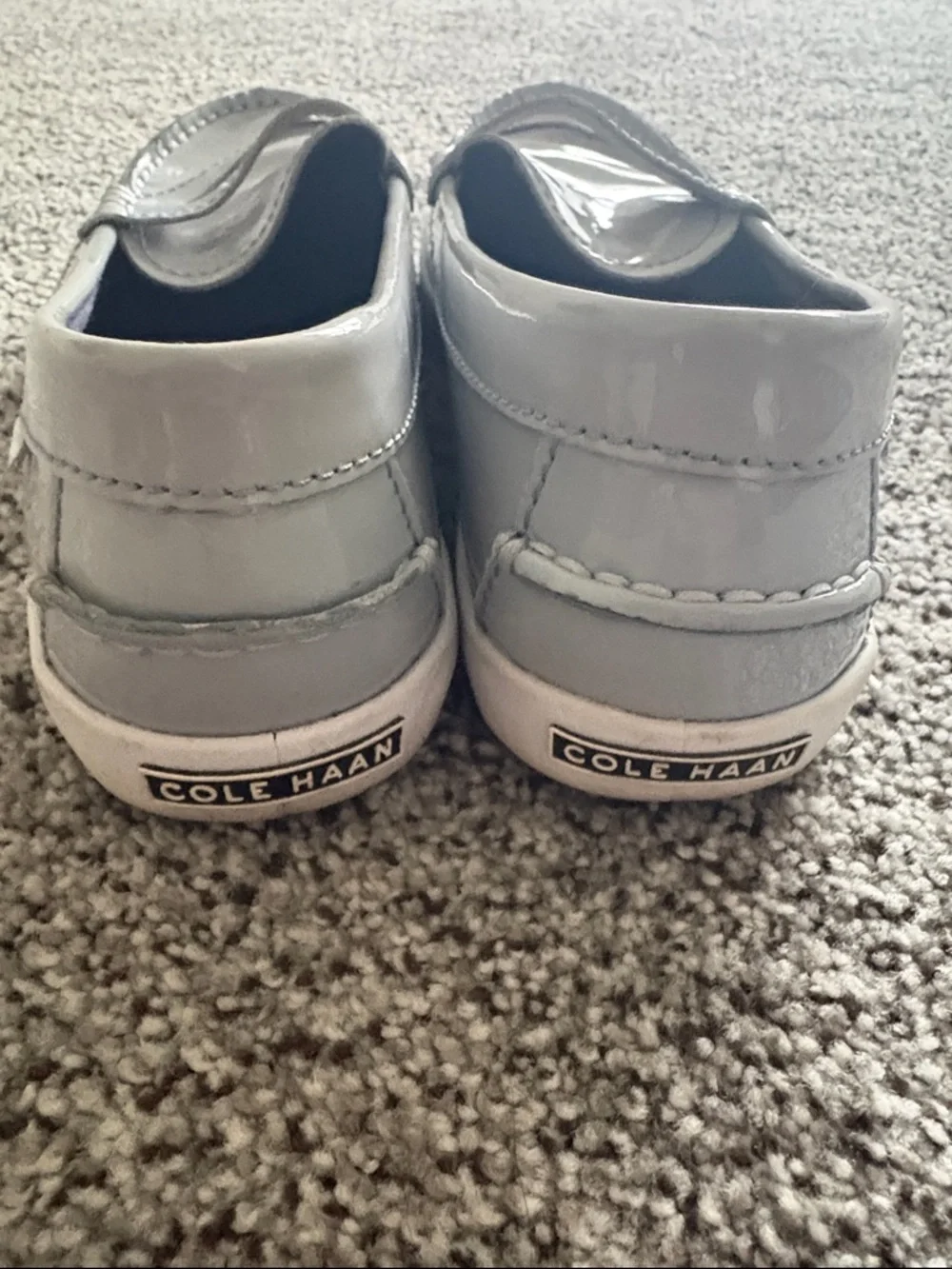 Cole Haan Light Gray Patent Penny Loafers with White Sole